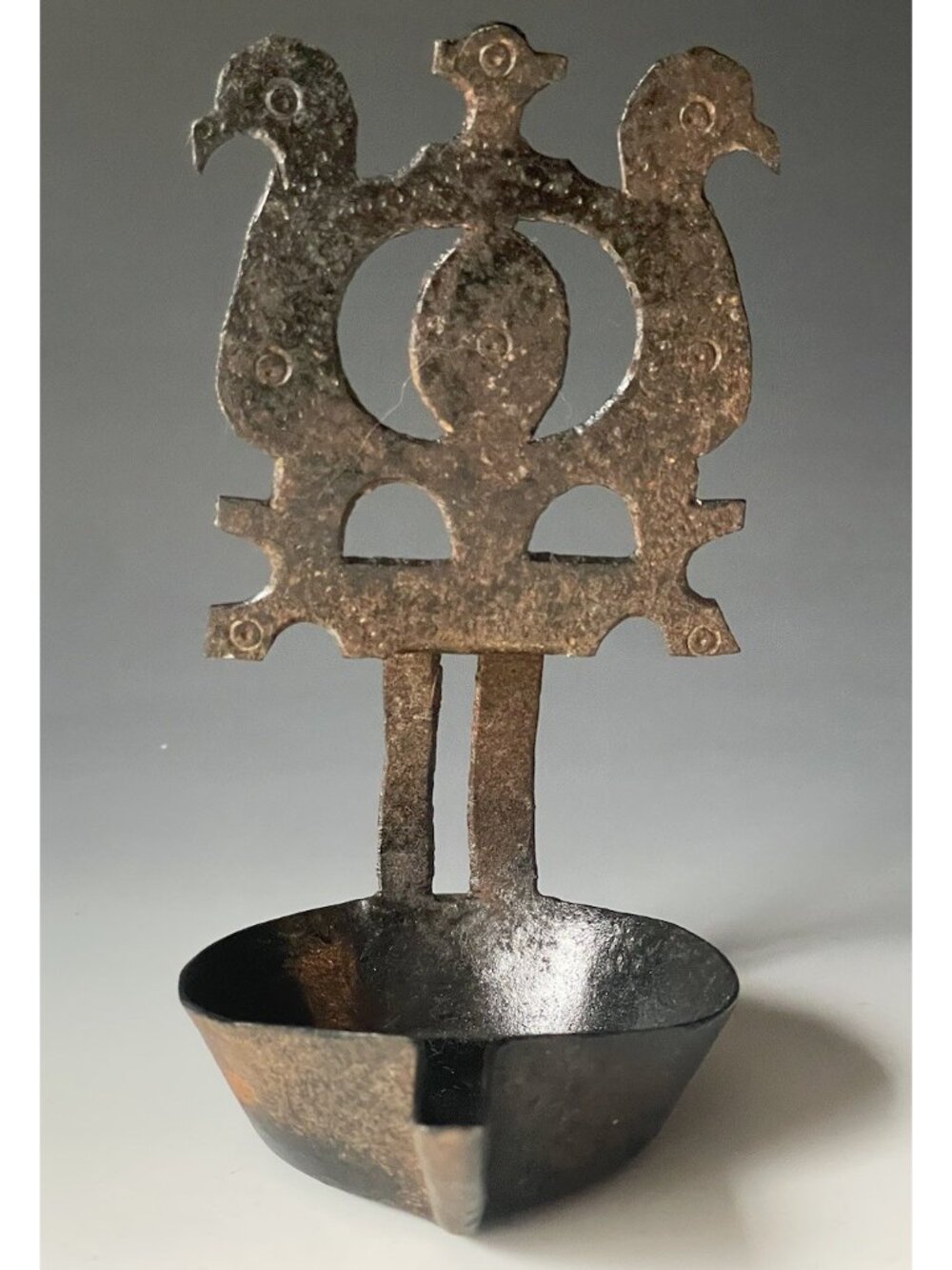 Antique 18th - 19th C. Wrought Iron Betty Oil Grease Lamp w Primitive Bird Motif